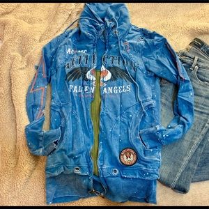 Affliction blue distressed zip up sweater